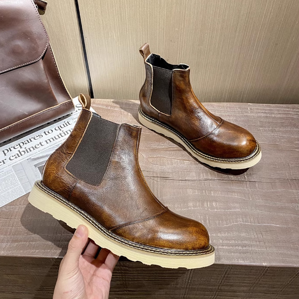 Leather Work Oxfords - 레트로 남성용 천연 가죽 첼시 부츠