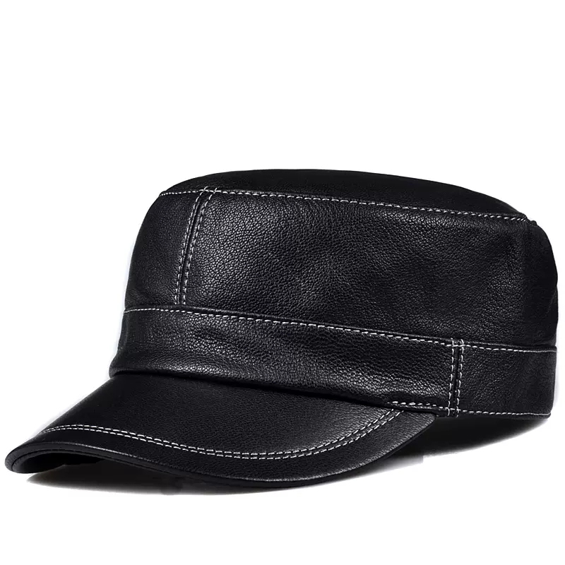 Leather Work Hat - 남성용 트렌디 양가죽 플랫 탑 모자,