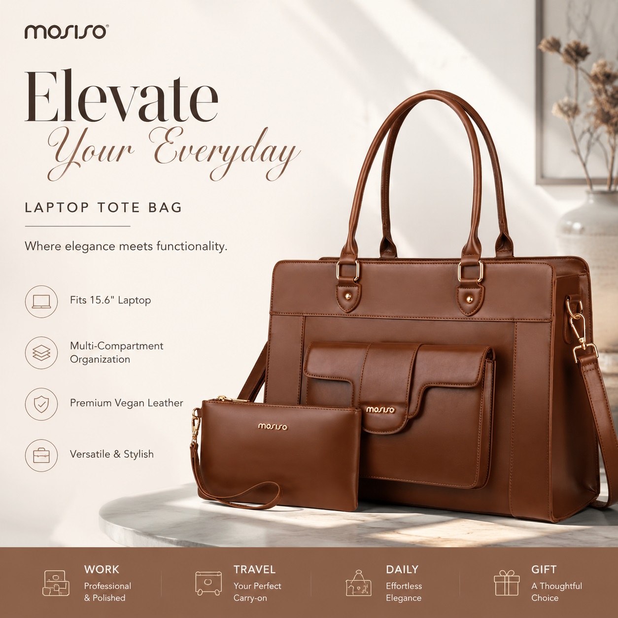 Leather Work Bag Laptop - MOSISO 여성용 노트북 토트 백 15.6