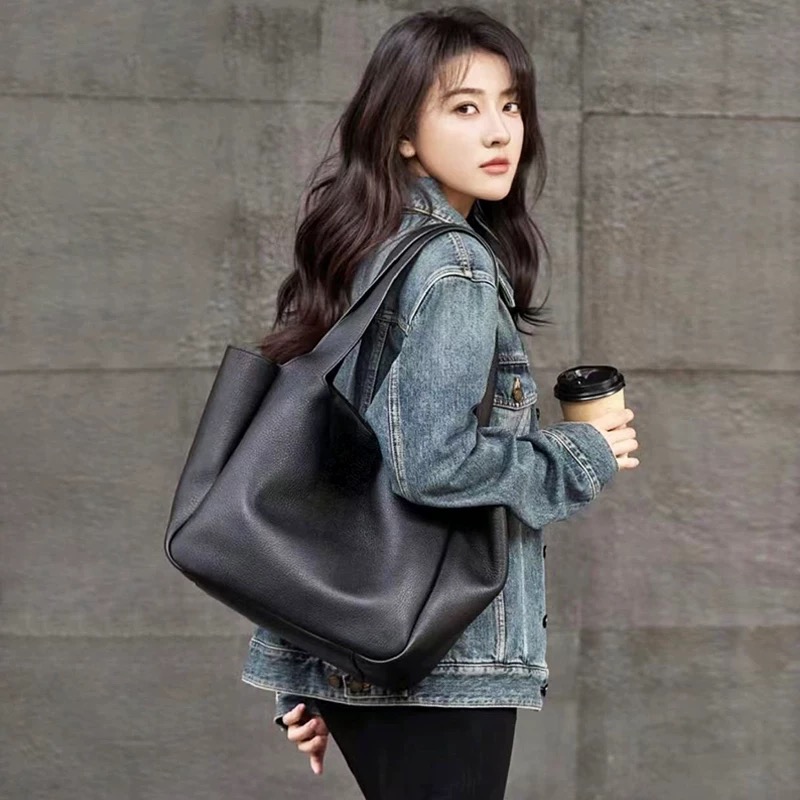 여성용 정품 가죽 토트백, 우아한 대용량 숄더 핸드백, - Leather Work Handbags For Women 리뷰 및 가격